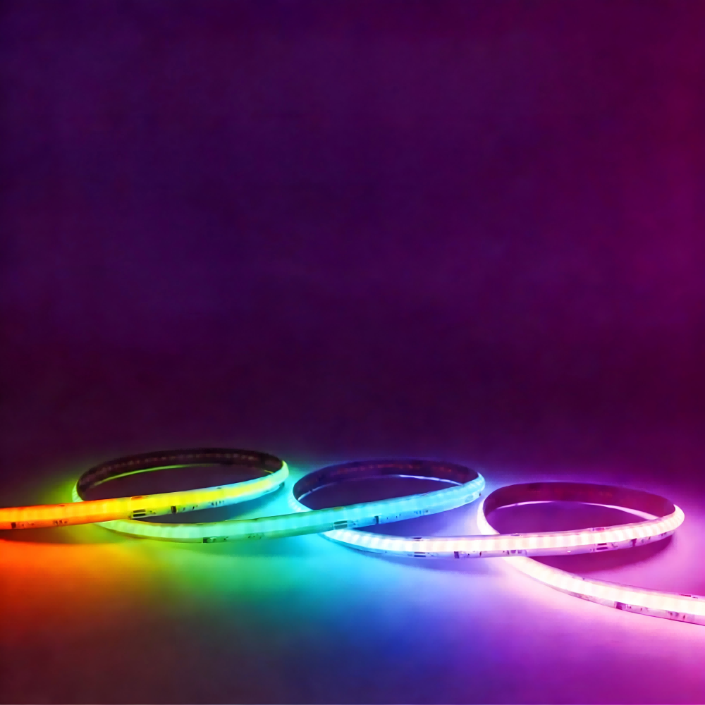 Addressable LED strip displaying a flowing rainbow gradient